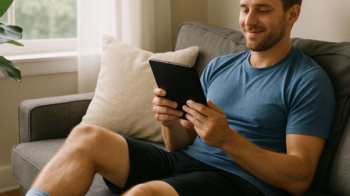 Person relaxing during at-home recovery, resting comfortably after physical activity.