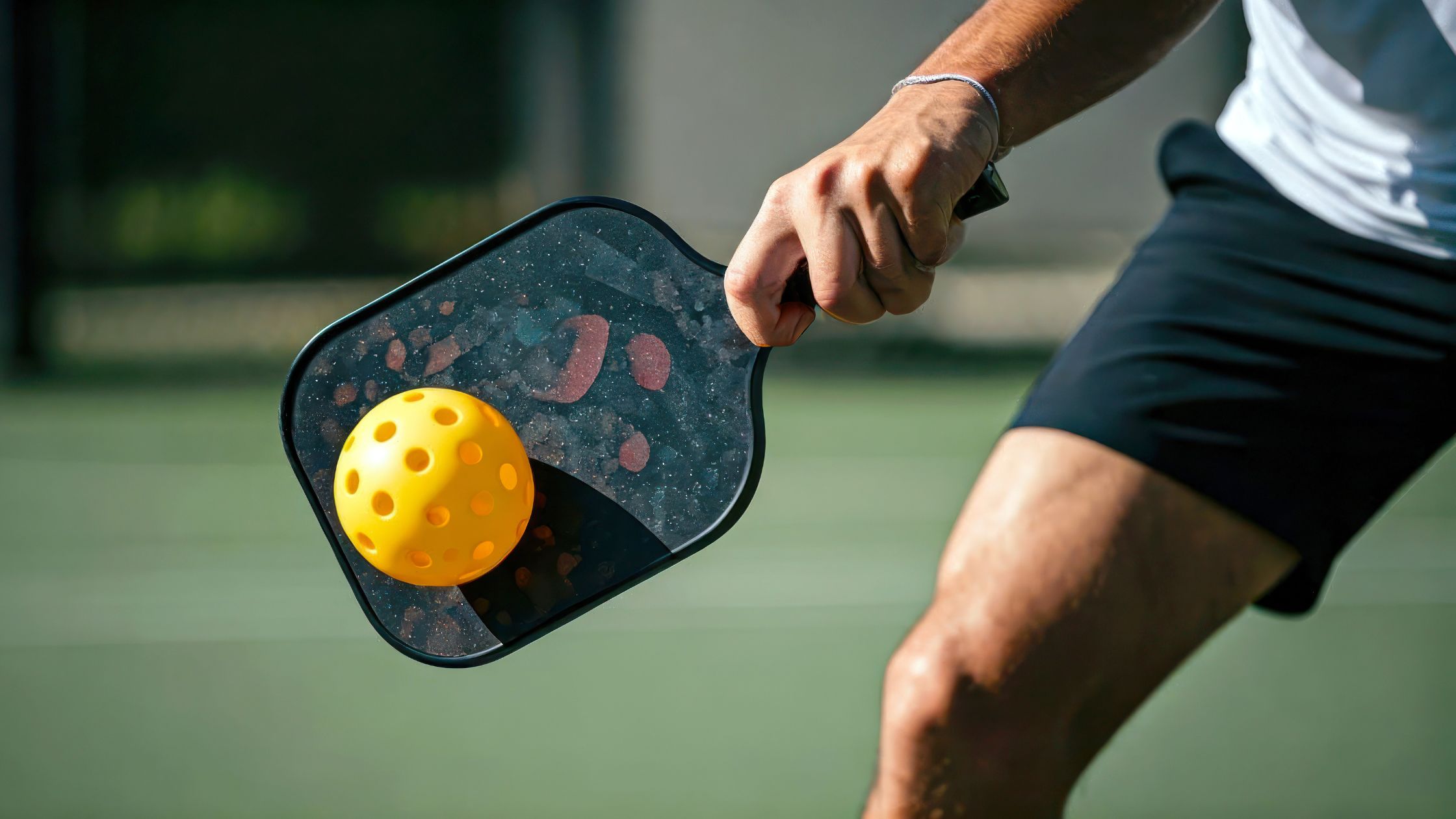 pickleballplayer hitting a ball close up